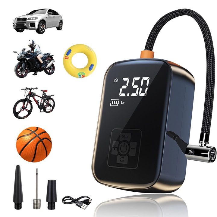 Compresor de aer portabil, 150PSI, cu manometru digital, functie de oprire automata, alimentare prin baterie, pentru masini, biciclete, motociclete, cu banca de energie si lanterna