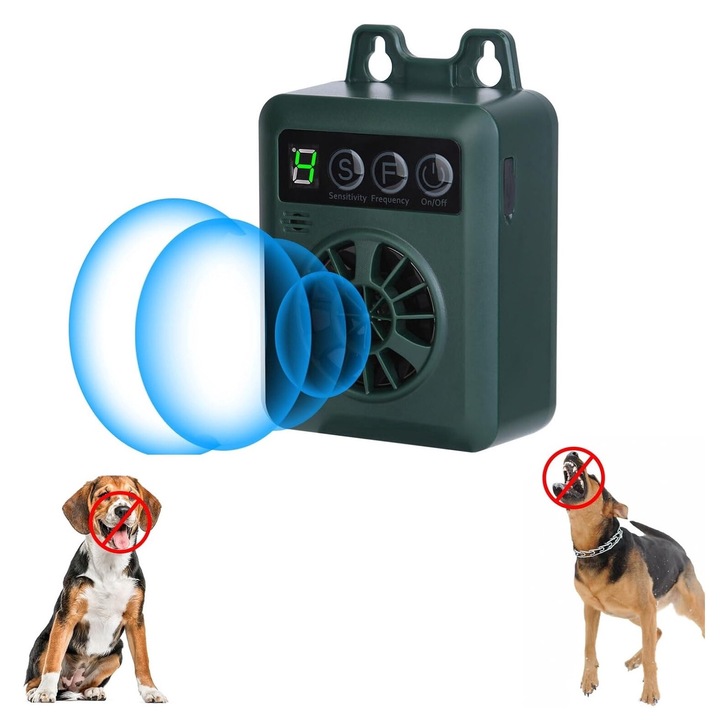 Професионален ултразвуков уред за лай на кучета, SkyVibe®, за големи, средни и малки кучета, 4 нива на интензитет, USB зареждане, водоустойчив, спира кучетата да лаят, без да ги наранява, зелен