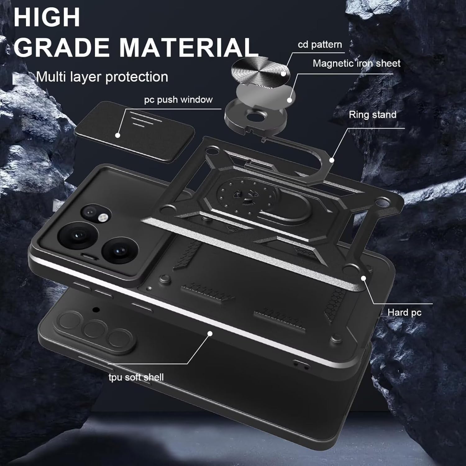 Husa pentru Oppo Reno 13F, 13FS 4G, 5G Ring Armor Kickstand Tough Rugged Cover cu protectie camera - verde