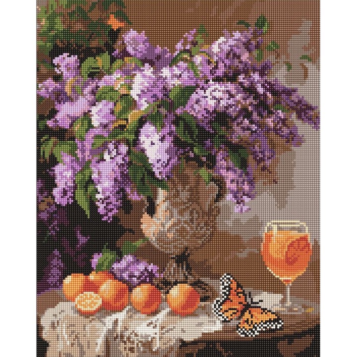 Set goblen cu diamante, cu sasiu, Liliac si portocale, 40x50 cm