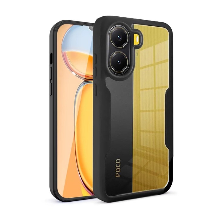 360-градусов калъф, съвместим с Xiaomi Poco X7 Pro, с включен протектор за екрана, удароустойчив, против пожълтяване, против надраскване, издръжлив, 3 mm повдигнати ръбове, черен/прозрачен