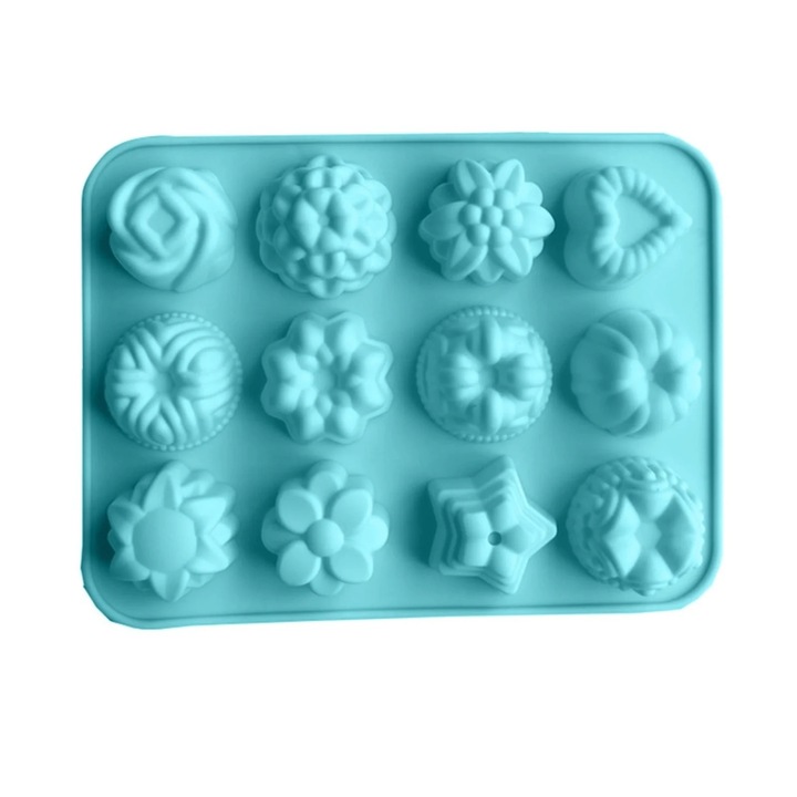Forma pentru bomboane de ciocolata, model floral, 12 cavitati, silicon, albastru
