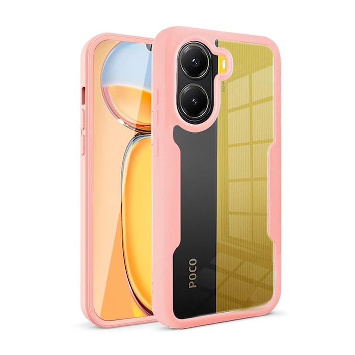 360-градусов калъф, съвместим с Xiaomi Poco X7 Pro, с включен протектор за екрана, удароустойчив, против пожълтяване, против надраскване, издръжлив, 3 mm повдигнати ръбове, розов/прозрачен
