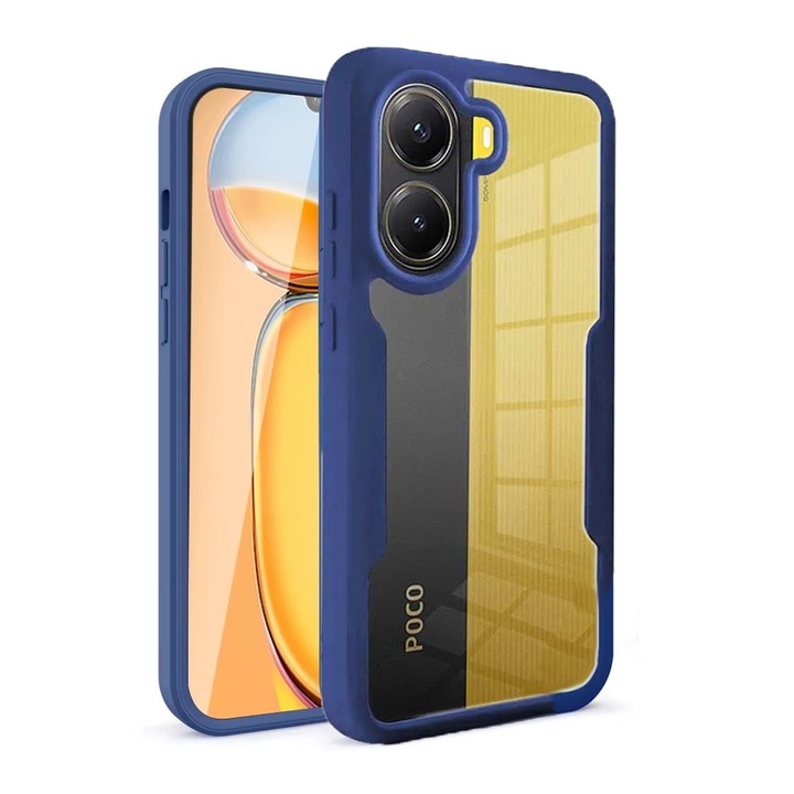 360-градусов калъф, съвместим с Xiaomi Poco X7 Pro, с включен протектор за екран, удароустойчив, против пожълтяване, против надраскване, издръжлив, 3 mm повдигнати ръбове, син/прозрачен