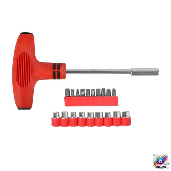ANGMAD csavarhúzó készlet; T-típusú, 21 db: T-típusú csavarhúzó, 11 csavarhúzó bit (különböző méretű és formájú), 9 hatlapfejű csavarkulcs bit (különböző méretű), háztartási használatra szánt, több színű