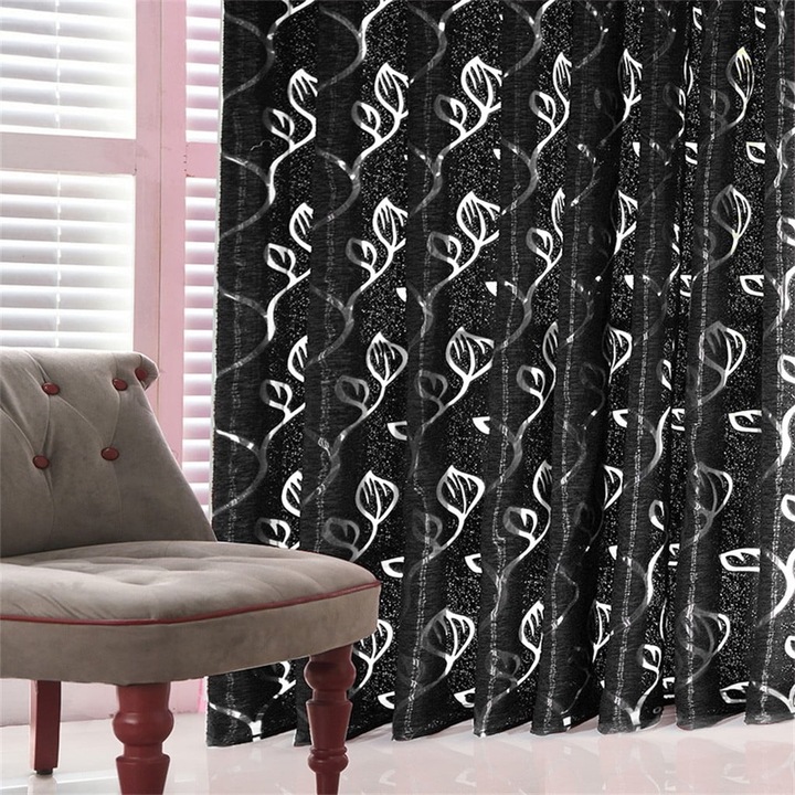 YANYXR voile függöny, szőlőlevél mintás, modern, fekete, 1x panel