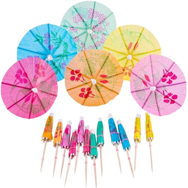Set 50 Umbrele pentru Cocktail, Decorare Multicolor, 8cm diametru, 10cm inaltime