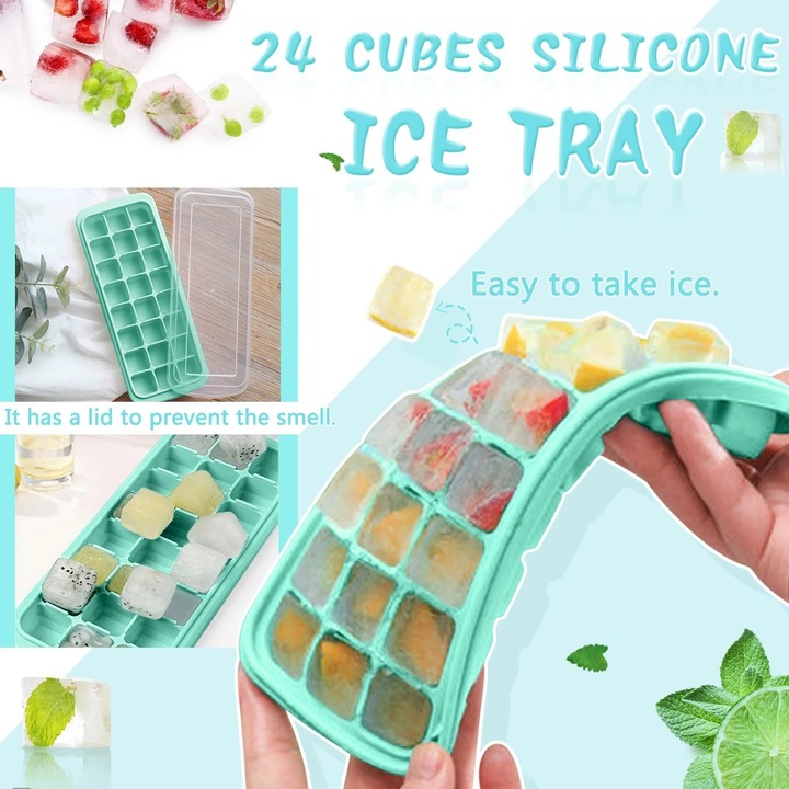 Tava pentru cuburi de gheata din silicon, 24 cuburi, multicolor, 25.4x10x3cm, set