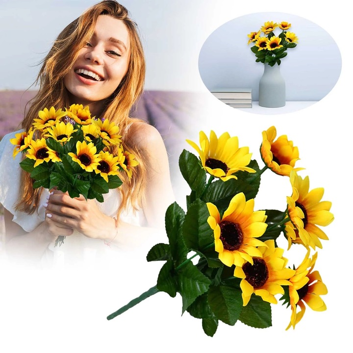 Buchet de floarea-soarelui artificial cu frunze, 7 ramuri, multicolor, decoratiuni pentru acasa, birou, petreceri si nunti