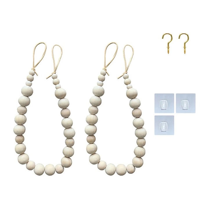 Set 2 margele de prindere pentru perdele, 52 cm, din lemn, cu carlige din alama, decor boho, bej