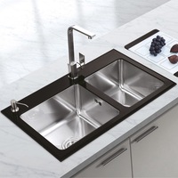 set chiuveta bucatarie inox cookingaid tempered glass duo cu 4 accesorii scurgator vase  gratar inox  dozator sapun  tocator personalizat sticla 860 mm x 500 mm adancime cuva 220 mm montare pe blat finisaj satinat imagen 6_0_
0