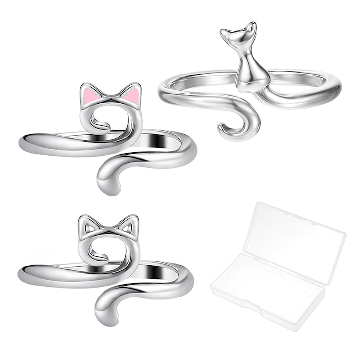 Set 3 inele tensionare pentru crosetat, argintii si roz, din aliaj de zinc, cu cutie