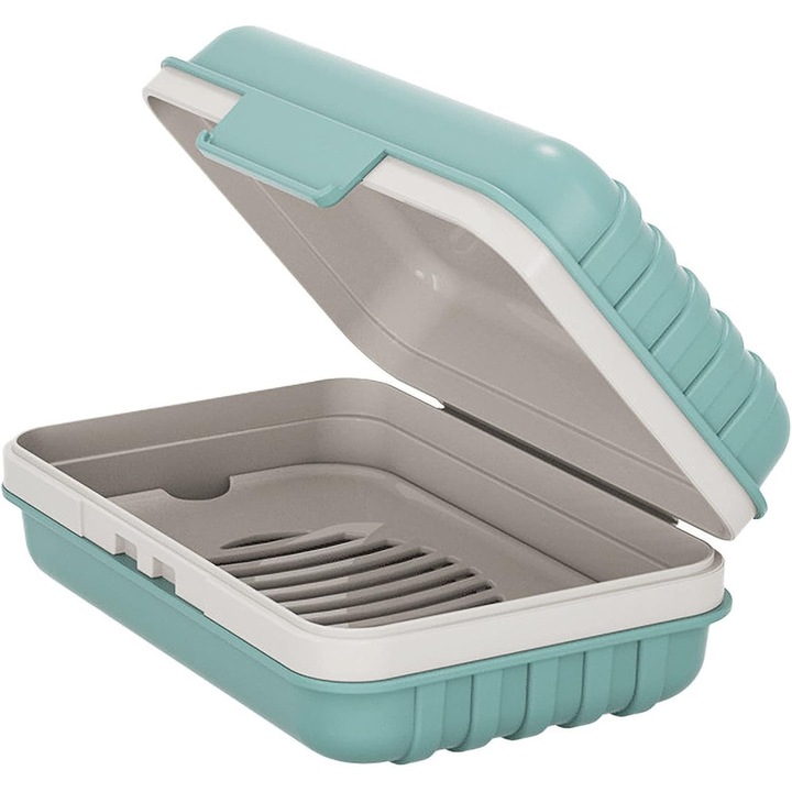 Cutie de sapun pentru calatorii, cu capac, drenaj automat, capacitate mare, albastra