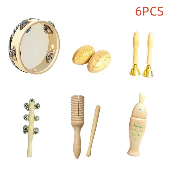 6 darabos fa hangszerkészlet gyerekeknek, bézs színben