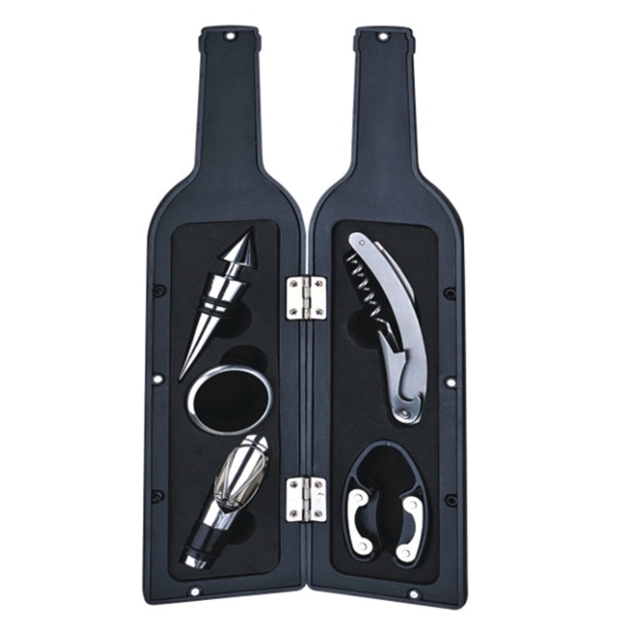 Set desfacator de vin cu 5 accesorii, forma sticla vin, forma butoi stejar, negru, 7x7x32.5cm