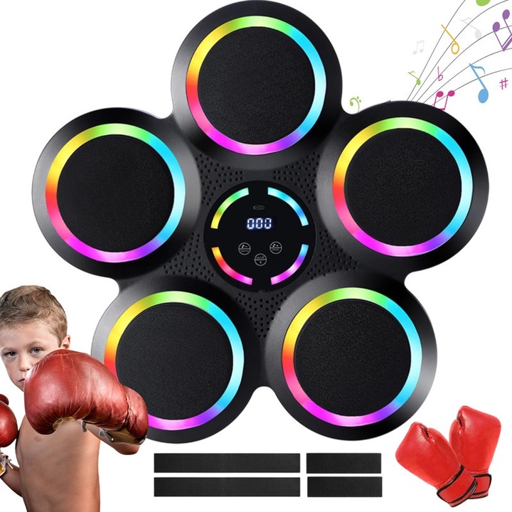 Masina de box muzicala, 9 viteze, 9 moduri de antrenament, suport Bluetooth, cu manusi pentru adulti si copii, neagra