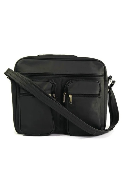 Férfi táska, DAN-A, fekete, valódi bőrből, 1 rekesszel és 3 cipzáras zsebbel, állítható pánttal.