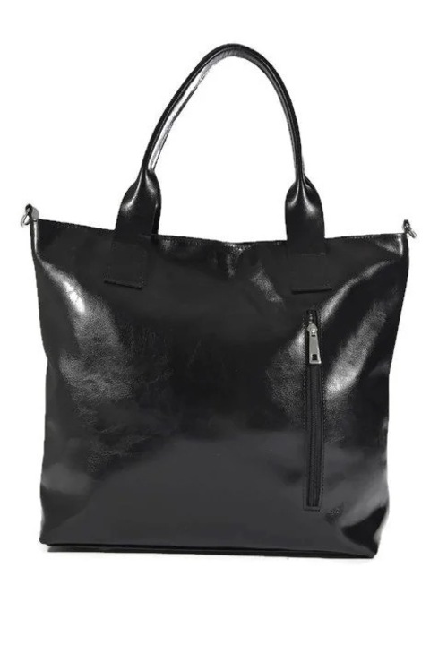 Geanta shopper din piele naturala, DAN-A, neagra, capacitate A4, cu detalii argintii