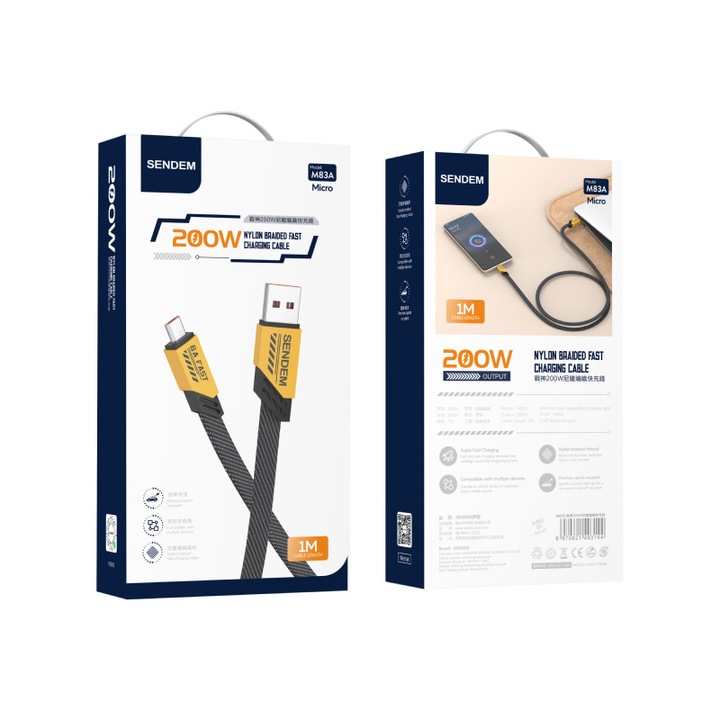 Adat- és gyorstöltő kábel, C TYPE/C TYPE 5A, M83A USB​/​MICRO USB​ 200 W, sárga