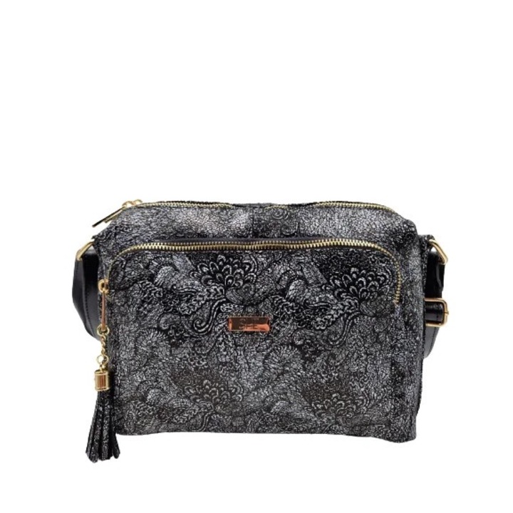 Geanta dama, DAN-A, neagra, doua compartimente, piele naturala