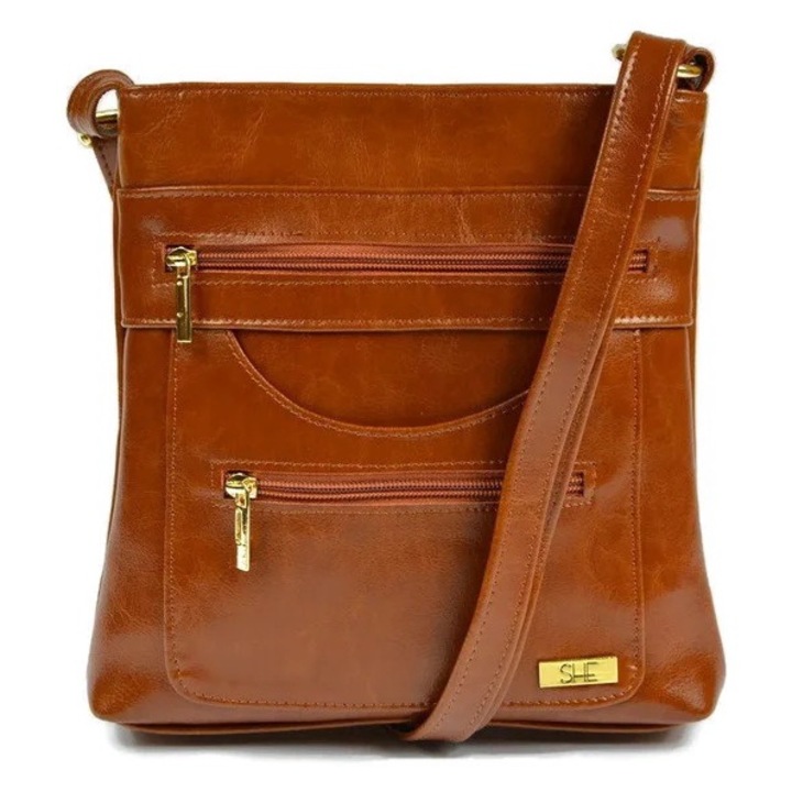 Geanta de umar dama, DAN-A, piele naturala, culoare camel, cu detalii aurii, 1 compartiment, 2 buzunare cu fermoar