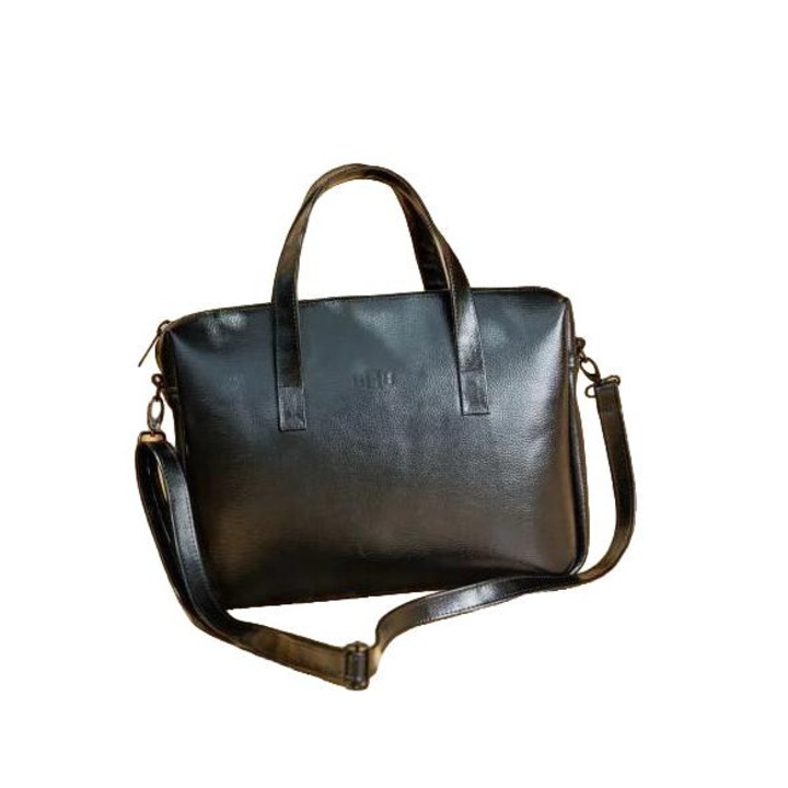 Geanta laptop din piele naturala DAN-A Herald, neagra, 15", cu compartiment si curea reglabila