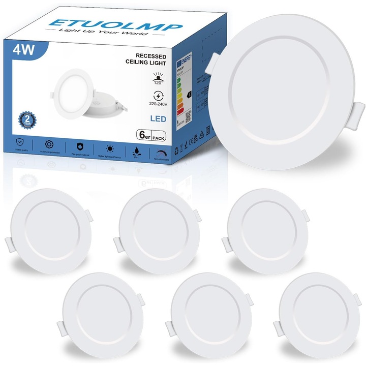 Set 6 Spoturi LED Incastrabile ETUOLMP, 4W, 4000K Alb Neutru, 380lm, IP44, Diametru 98mm, Ultra Slim 26mm, Clasa E