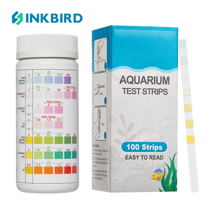 Benzi de testare 7 in 1 pentru acvarii, 100 bucati, pentru apa dulce, detecteaza Nitriti, Nitrati, Clor, Carbonat, Alcalinitate totala, Duritate, pH