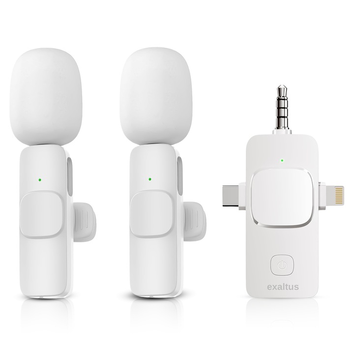 Комплект от 2 професионални петловидни микрофона, Exaltus®, USB C, 3.5 жак, Lightning, Безжичен live, 2.4 GHz, Интервюта, Презареждаем, Намаляване на фоновия шум, Съвместим с телефон, DSLR камера, Звукова карта, Лаптоп, Android, iPad, iOs, Преносим, Бял
