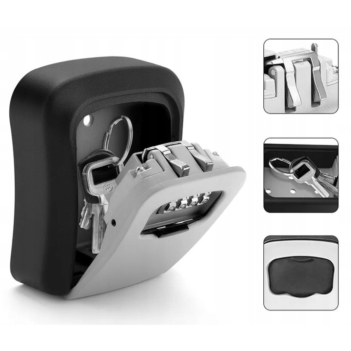 Cutie pentru chei, STM, Metalica, Cu cod, Rezistenta la apa, Cu lacat cu 4 cifre, De montat pe perete, Neagra/gri, Cu interior incapator