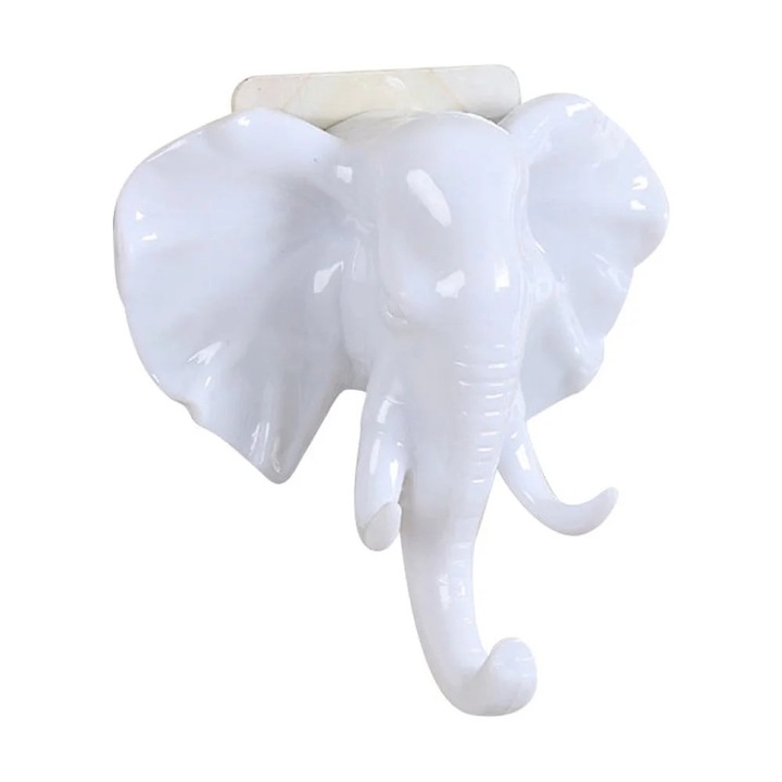 Cuier autoadeziv cap de elefant, alb, 11x11cm, set 1 buc