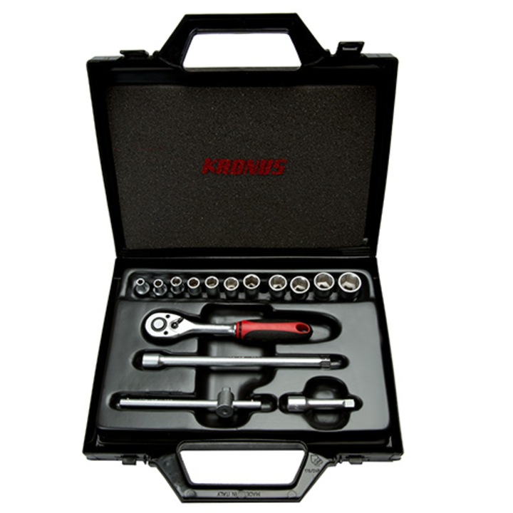 Hatlapos villáskulcs és 1/4"-os tartozék készlet, Kronus, műanyag dobozban