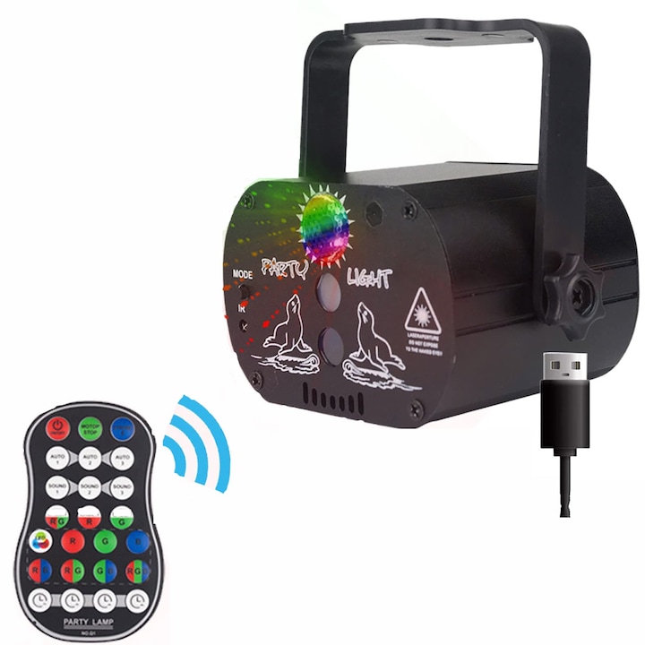 Lumina disco cu 60 de efecte, proiector cu telecomanda, set pentru petreceri, negru, reincarcabil