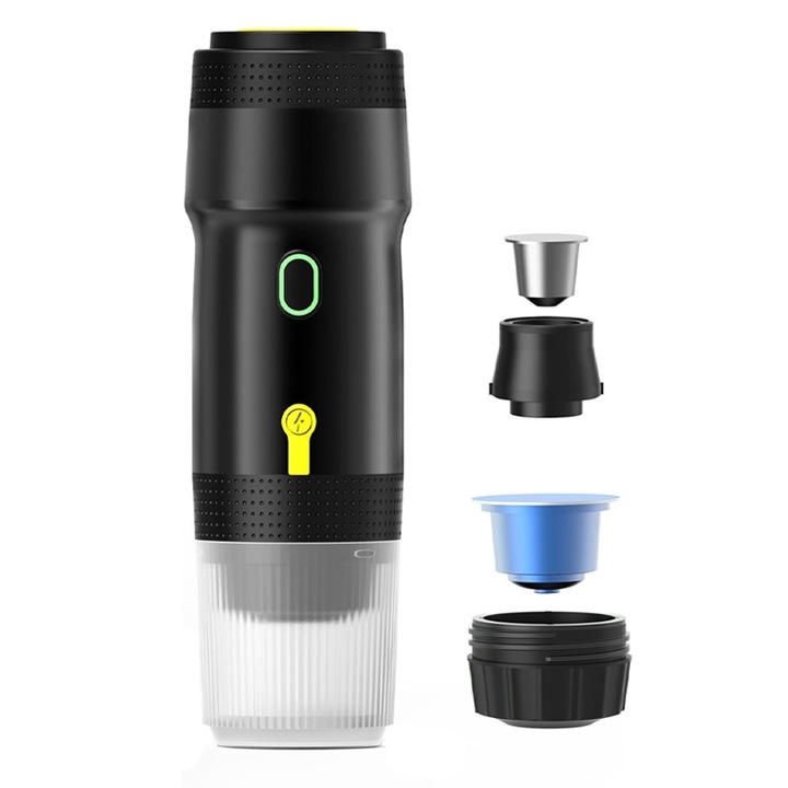 Espressor Portabil, Rqiurpn, 3 in 1, Aparat de cafea, Compatibil cu capsule Nespresso, Dolce Gusto si cafea macinata, Mod incalzire sau rece, 20 bar, Incarcare USB Type C, ABS, Negru