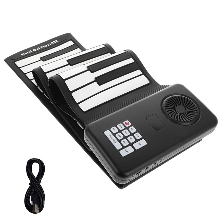 Pian Flexibil portabil, Rqiurpn, cu 88 Clape, 16 Stiluri de Sunete Volum Reglabil, design pliabil, Difuzor Incorporat, Functie Inregistare, Design Ergonomic, pentru copii si adulti, Alb/Negru