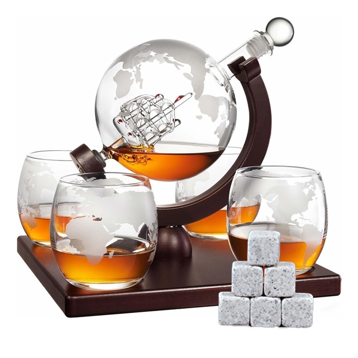 Комплект сферичен декантер с 4 чаши, Rqiurpn, безоловно стъкло, 850 мл, за уиски и коняк