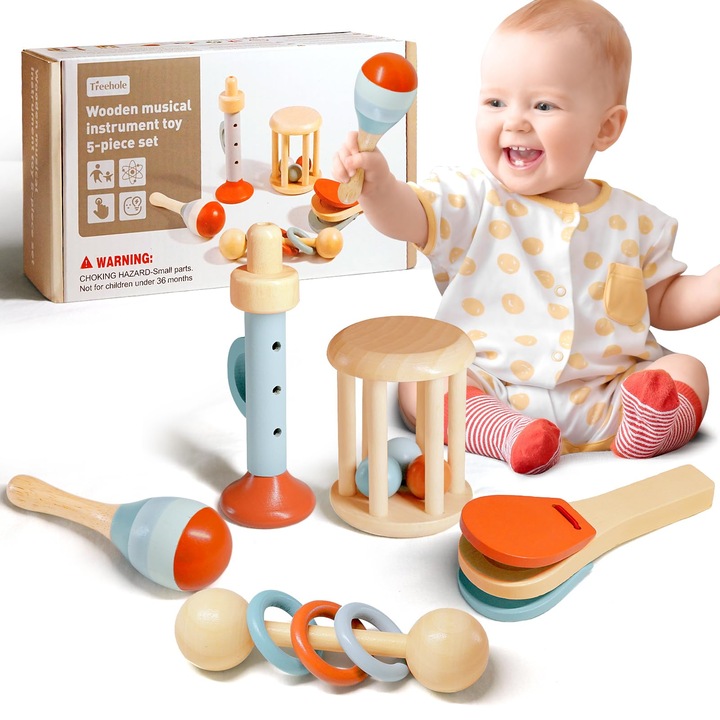 Комплект музикални инструменти, 5 части, за деца, 3-9 месеца, дрънкалка, маракаси, тромпет, Монтесори, дърво