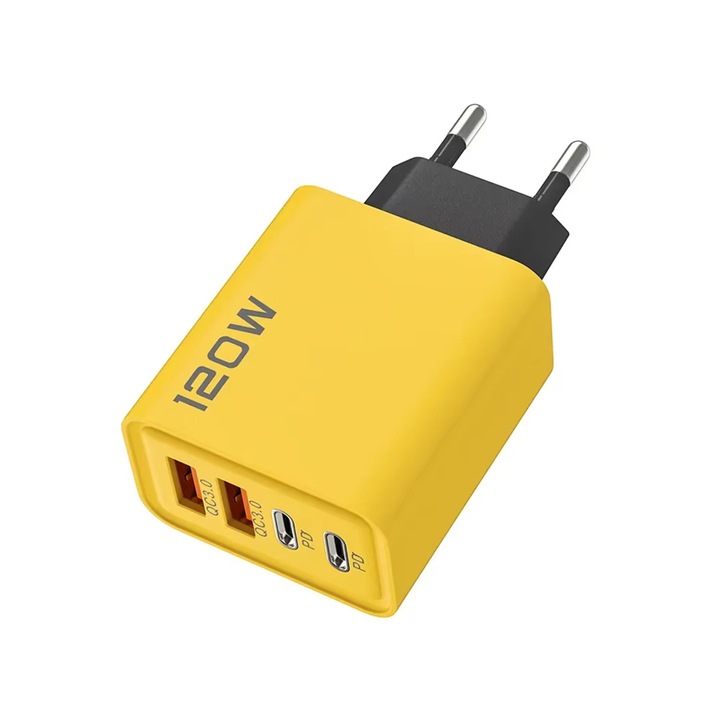 Dupla USB hálózati töltő, 120W, 2 USB+2PD, gyors, sárga