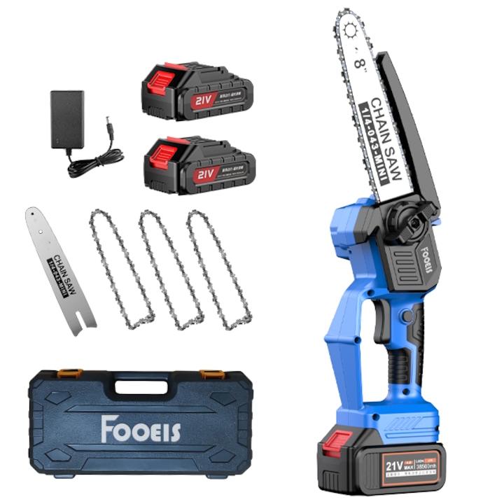 Fierastraie cu lant FOOEIS, mini drujba electrica fara fir, 8 inch, 2 acumulatori 2000mAh, culoare albastru, 40cm