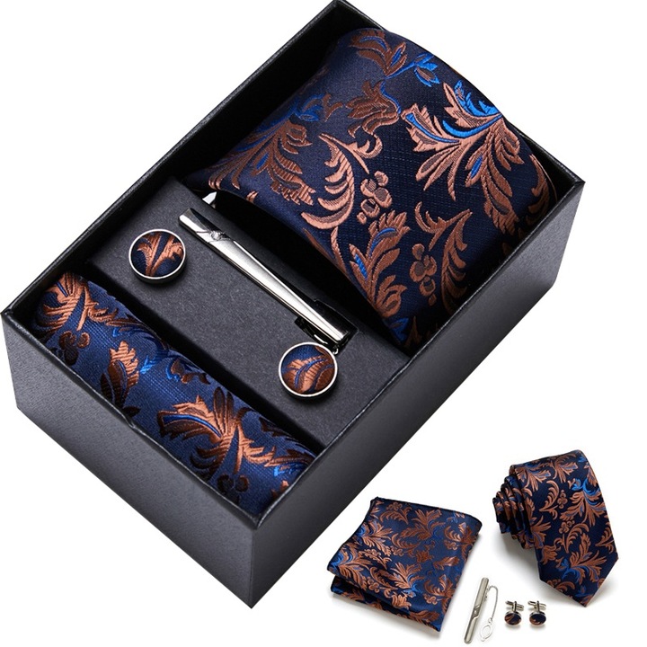 Fudisenn - Set de cravate din sase piese, cravata barbateasca la moda, inclusiv cravata, butoni, esarfa patrata, clema de cravata si cutie cadou, ornament cu model de plante, 146 x 7,5 cm, potrivit pentru afaceri, nunta, albastru inchis