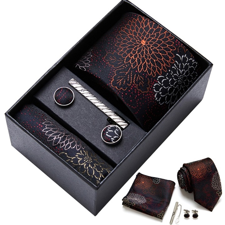 Fudisenn - Set cravata din sase piese, cravata barbati la moda, inclusiv cravata, butoni, esarfa, clema de cravata si cutie cadou, broderie cu flori, 146 x 7,5 cm, potrivita pentru afaceri, nunta, negru
