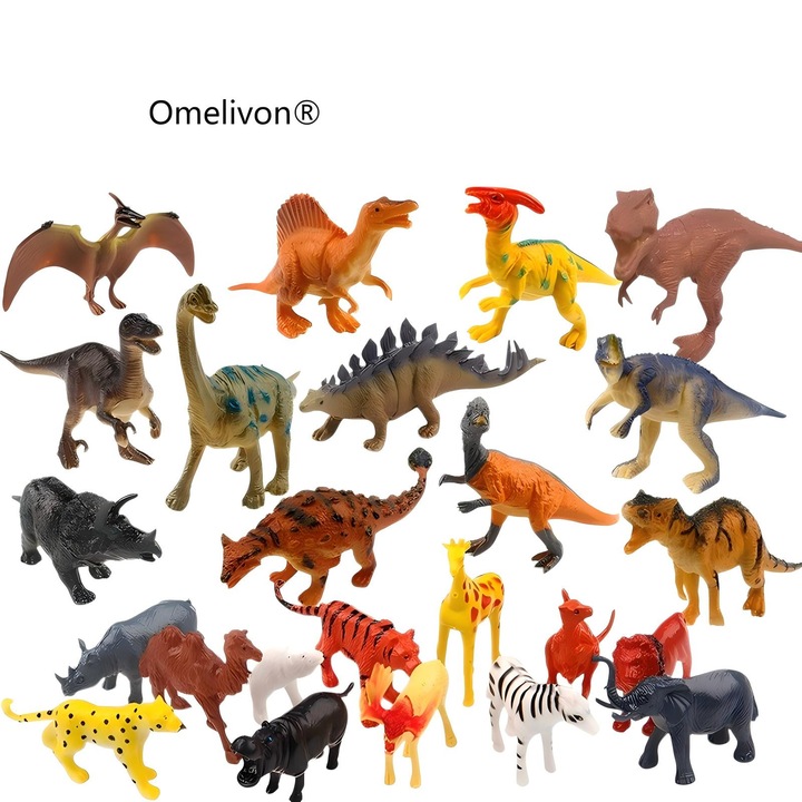 Set 24 figurine 3D, animale si dinozauri, multicolor, 3-15cm