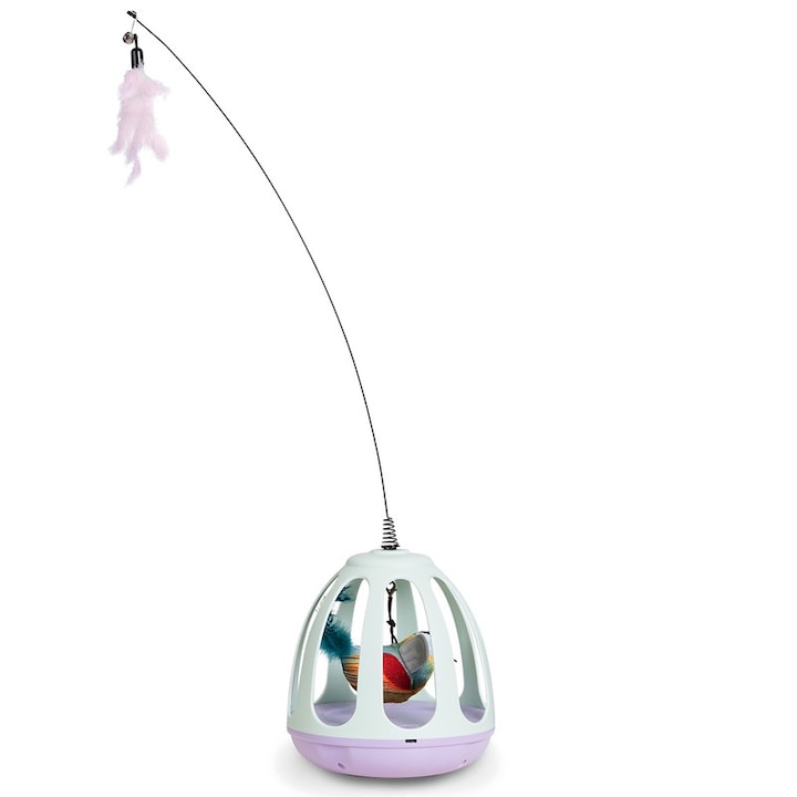 Jucarie interactiva pentru pisici, design colivie cu pasari, 16x16x18cm, plastic
