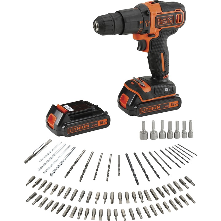 Masina de gaurit si insurubat (bormasina) cu percutie Black & Decker BDCHD18BAFC-QW, 18 V, 2 acumulatori x 1.5 Ah, geanta Flight, 80 accesorii