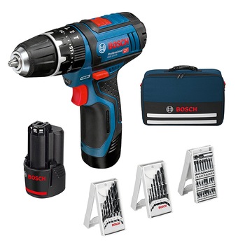 Masina de gaurit cu percutie cu acumulator Bosch GSB 12V-15, 12V, 2x 2.0Ah, 1300 RPM + 39 accesorii incluse Masina de gaurit cu percutie cu acumulator Bosch GSB 12V-15, 12V, 2x 2.0Ah, 1300 RPM + 39 accesorii incluse