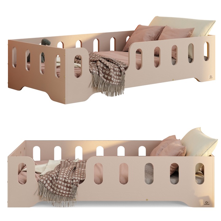 Pat copii 190x100 cm din lemn de pin casmir, cu balustrada de siguranta, somiera cu lamele pana la 230 kg, margini rotunjite, structura solida, stil scandinav, montaj usor – Pat Montessori TILA 2L pentru baieti si fete – Smartwood