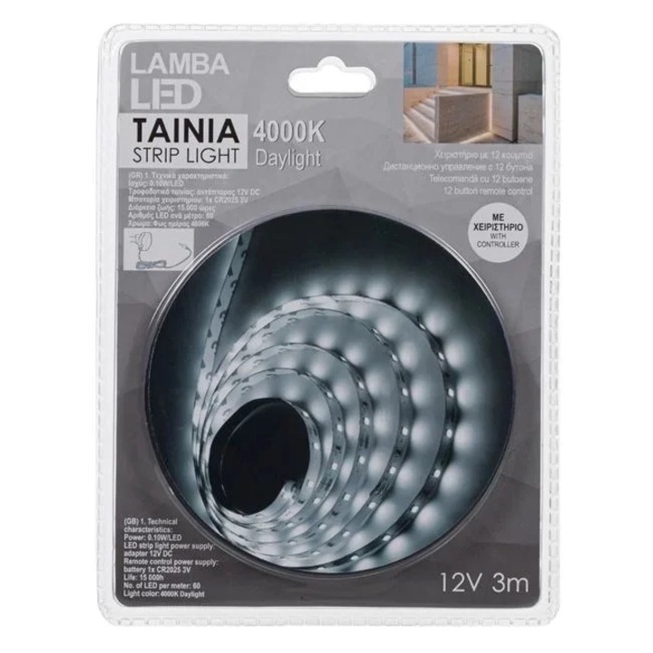 Светлинна лента, Welora, Cамозалепваща се, C дистанционно управление, 12V, Дължина 3 м, Бяла