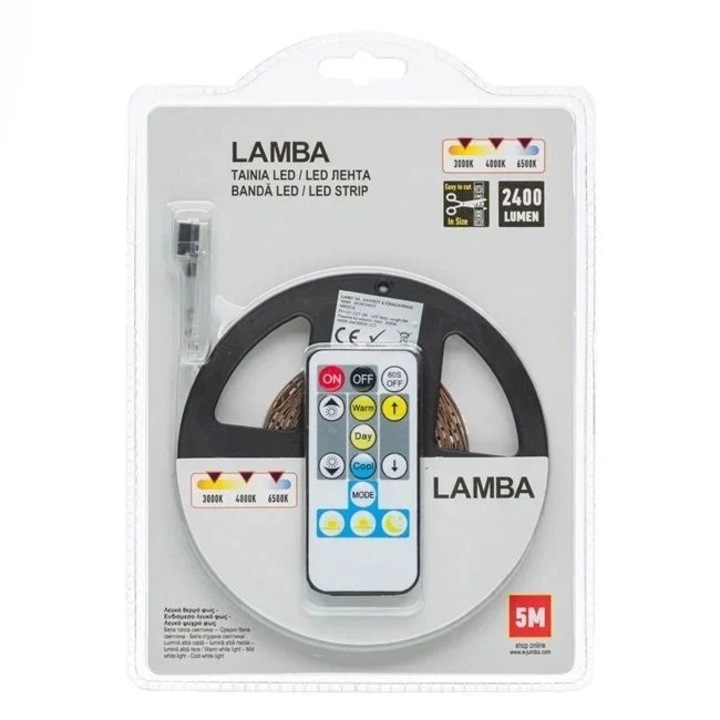 Светлинна лента, Welora, Cамозалепваща се, C дистанционно управление, 12V, Дължина 5m, Бяла