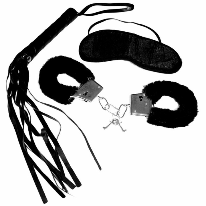 Set BDSM - Sex&Mischief, 2 catuse metalice cu blanita, bici de mana 40 cm