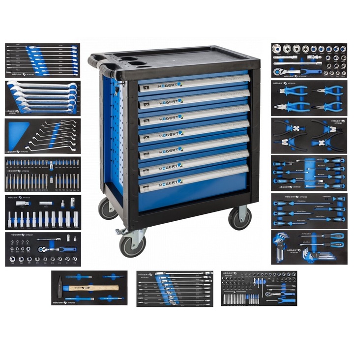 Set scule si carucior organizator, Hoegert, 7 sertare, roti PVC cu blocare, 252 piese